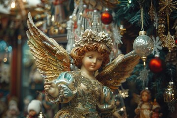 Fototapeta premium A beautiful angel statue holding a festive Christmas ornament. Perfect for holiday designs