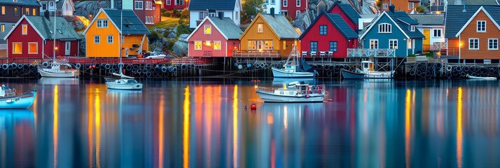 Vibrant rainbow colored houses and fishing boats in crystal clear waters of lofoten islands - obrazy, fototapety, plakaty