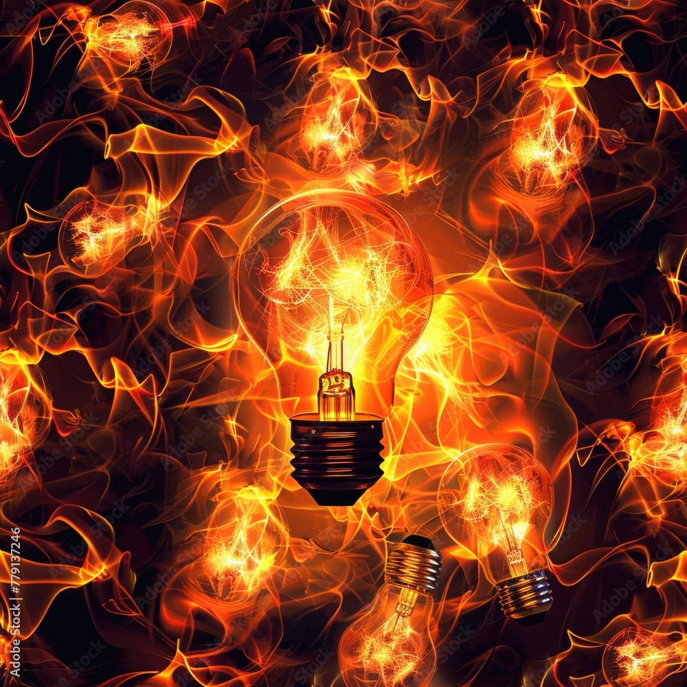 Poster a unique concept of a light bulb surrounded by flames. great for illustrating creativity and innovat