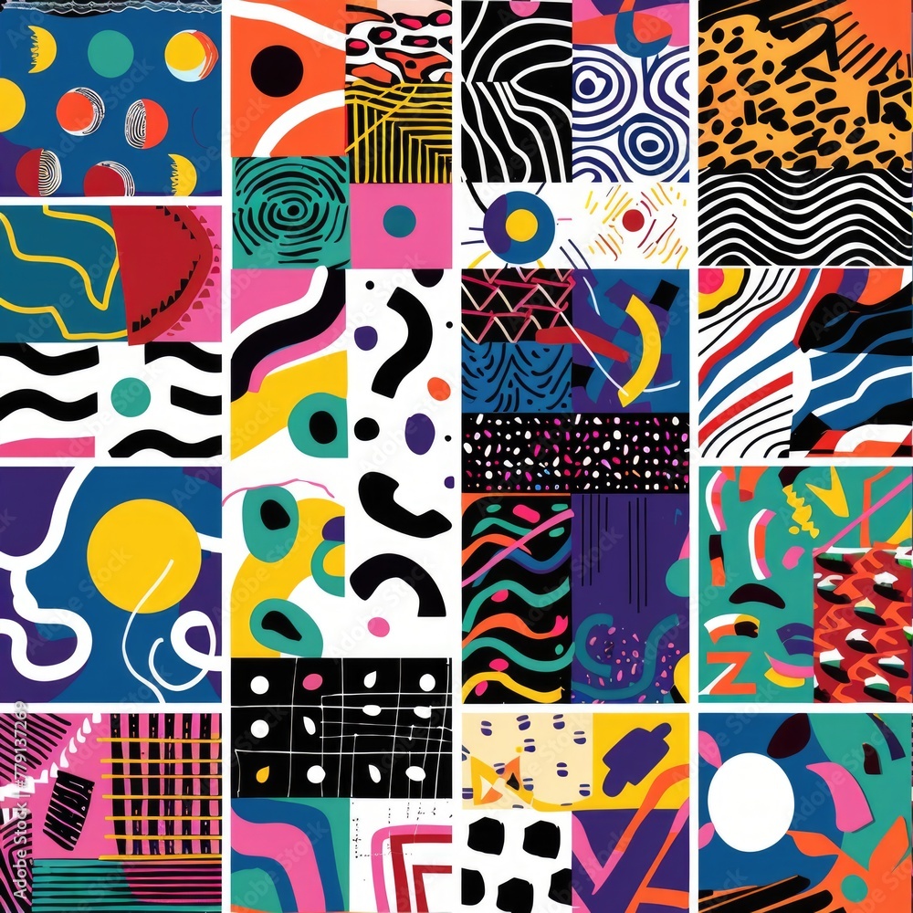 Poster A collage of abstract designs in various colors. Suitable for background or artistic concepts