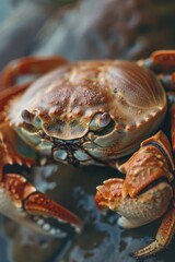 A detailed close-up of a crab on a table. Suitable for seafood restaurant promotions