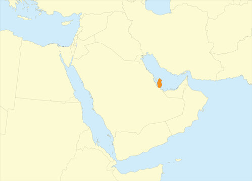 Orange detailed blank political map of QATAR with black borders on beige continent background and blue sea surfaces using orthographic projection of the Middle East
