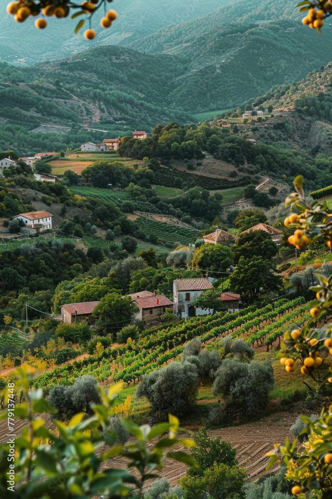 Poster a scenic view of a small village nestled in the mountains. perfect for travel and nature concepts