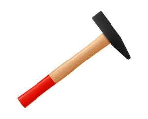 Hammer icon, isolated on white background. Working tool of carpenter, builder. Tools with wooden handles and steel base, for hammering nails and breaking objects. Realistic 3d vector illustration