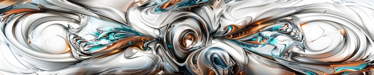 Banner with Wide Panoramic of Fluid Metallic Abstract with Reflective Swirls
