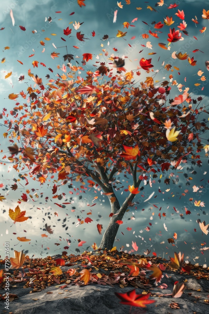 Poster Fallen tree with leaves floating in the air. Suitable for nature and autumn themes