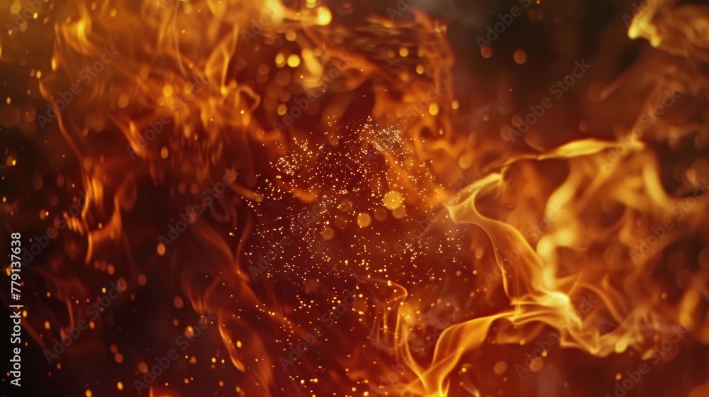 Poster Close up view of a fiery flame on a dark black background. Perfect for adding warmth and intensity to any project