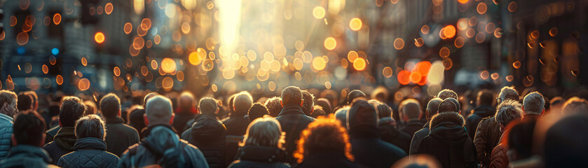 World leaders debating Universal Basic Income, diverse crowd of citizens listening, urban setting, realistic image, overcast weather, depth of field bokeh effect