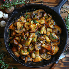 Cooked mushrooms in pan. Meal with mushrooms and sour cream gravy sauce