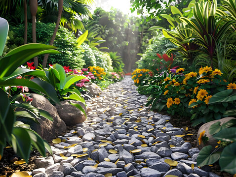 A gravel path winding through a vibrant garden - Ai Generated