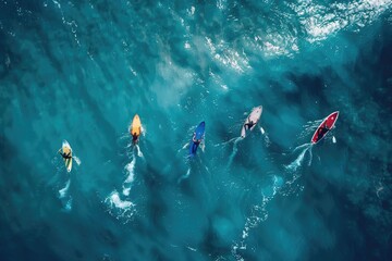 Group of people riding surfboards on water. Suitable for sports and leisure concepts - obrazy, fototapety, plakaty