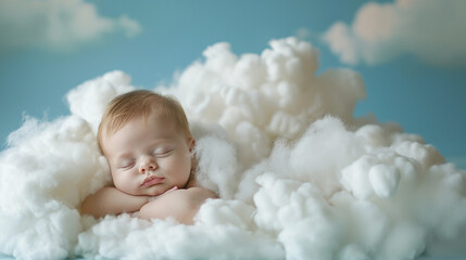 Adorable baby sleeping serenely on cloud like bedding evoking tranquility and innocence