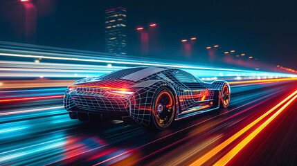  Futuristic concept showcasing a high speed supercar racing on a technologically advanced highway adorned with trail lights