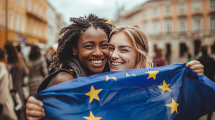 Two joyful women embracing with the European Union flag. - obrazy, fototapety, plakaty