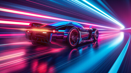  Futuristic concept showcasing a high speed supercar racing on a technologically advanced highway adorned with trail lights - obrazy, fototapety, plakaty