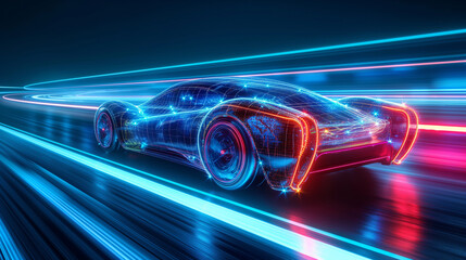  Futuristic concept showcasing a high speed supercar racing on a technologically advanced highway adorned with trail lights