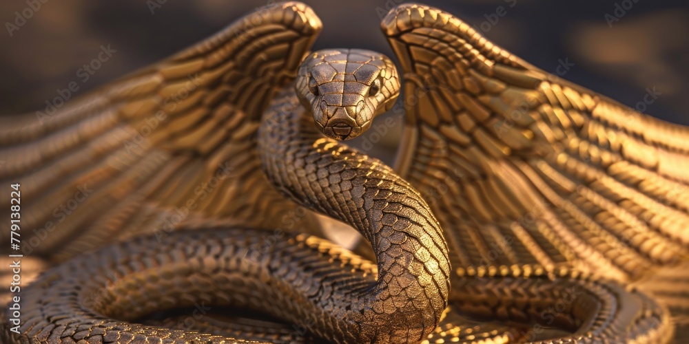 Poster a golden statue of a snake with wings. suitable for various design projects