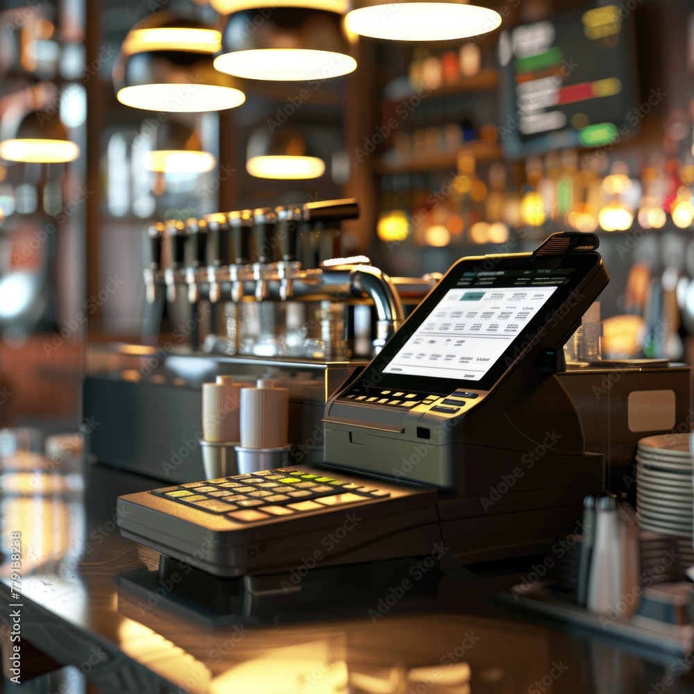 Poster a modern tablet computer resting on a countertop. suitable for technology and business concepts