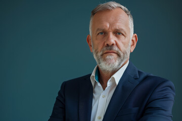 A man with a beard is wearing a blue suit and white shirt