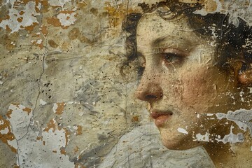 Detailed close up of a painting depicting a woman's face. Ideal for artistic projects