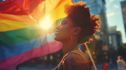 African American individual holding an LGBTQ flag  symbolizing gay pride among black people