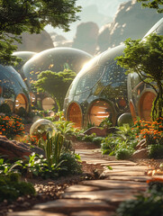 Eco Domes, futuristic city domes, housing, flourishing plant life, sustaining human life, on a barren planet, 3D render, soft backlighting, depth of field bokeh effect