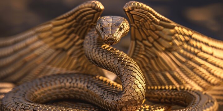 A golden statue of a snake with wings. Suitable for various design projects