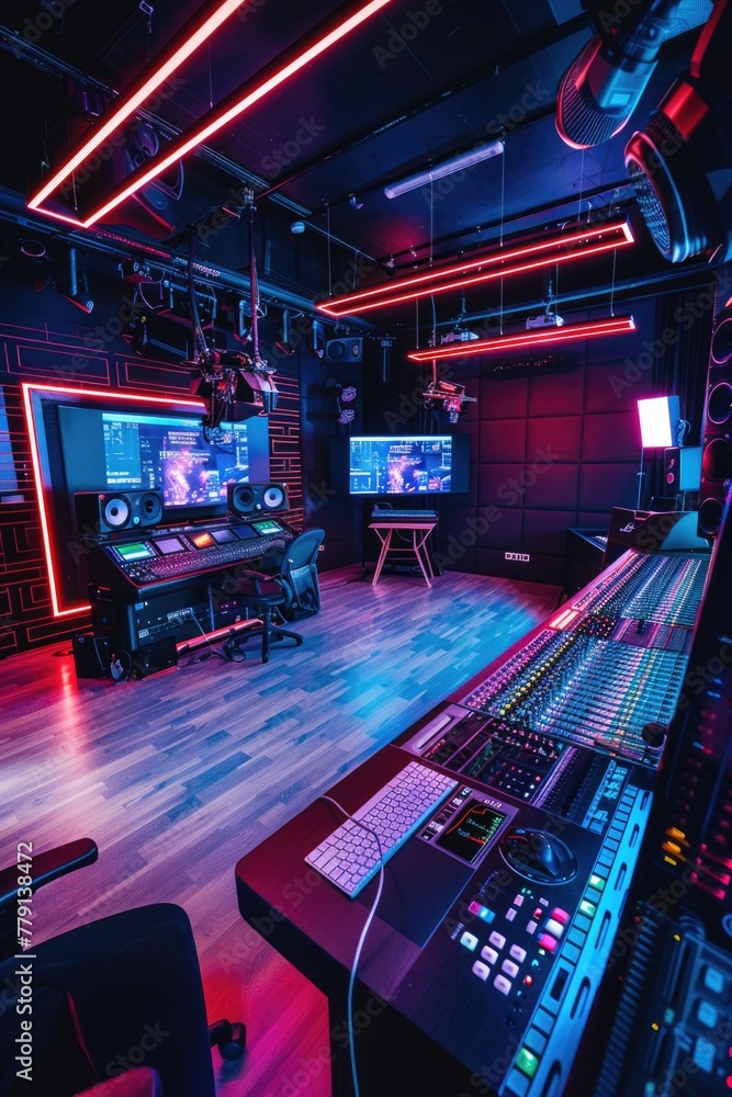 Aufkleber High-tech recording studio with multiple monitors and keyboard. Ideal for music production projects