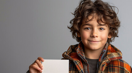 Portrait of a cheerful young boy with curly hair, holding a blank white card with copy space, wearing a plaid jacket, isolated on a gray background.