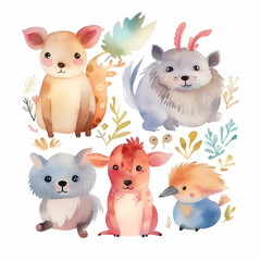 Cute cartoon animals set. Watercolor illustration on white background.