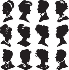 Female and Male faces silhouettes in vintage cameo on white background