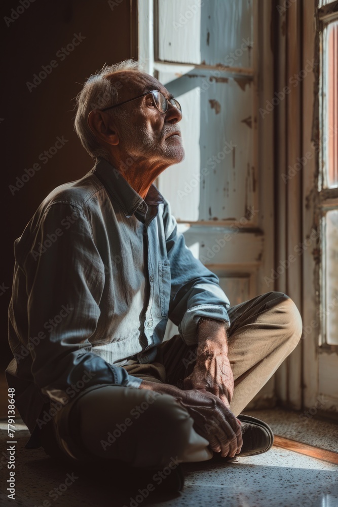 Poster A man sitting on the floor in front of a window. Suitable for various concepts