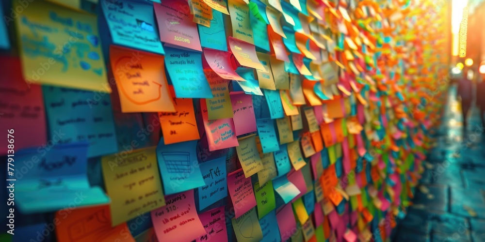 Poster a wall covered in colorful post it notes with sunlight shining on them. perfect for office or organi