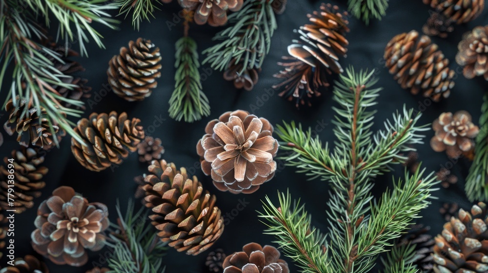 Poster A cluster of pine cones hanging from a tree branch. Suitable for nature and holiday themed projects