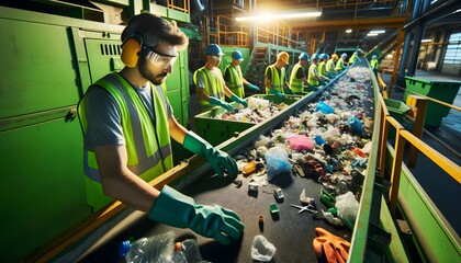 Workers with protective gear sort recyclable waste on a conveyor belt in an industrial setting.

