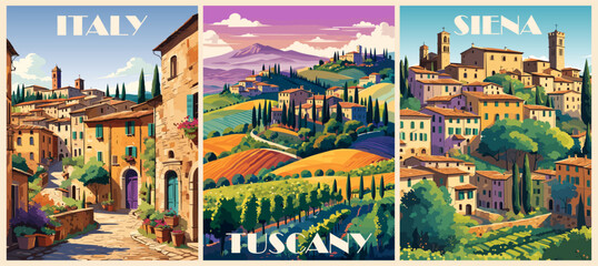 Naklejka premium Set of Italy Travel Destination Posters in retro style. Siena, Tuscany digital prints. European summer vacation, holidays concept. Vintage vector colorful illustrations.