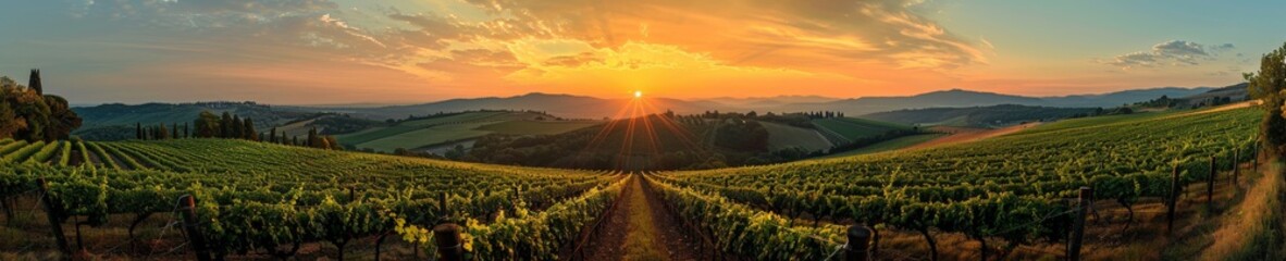 A vibrant sunset casting a warm glow over a lush vineyard, with rolling hills and grapevines stretching into the horizon - obrazy, fototapety, plakaty