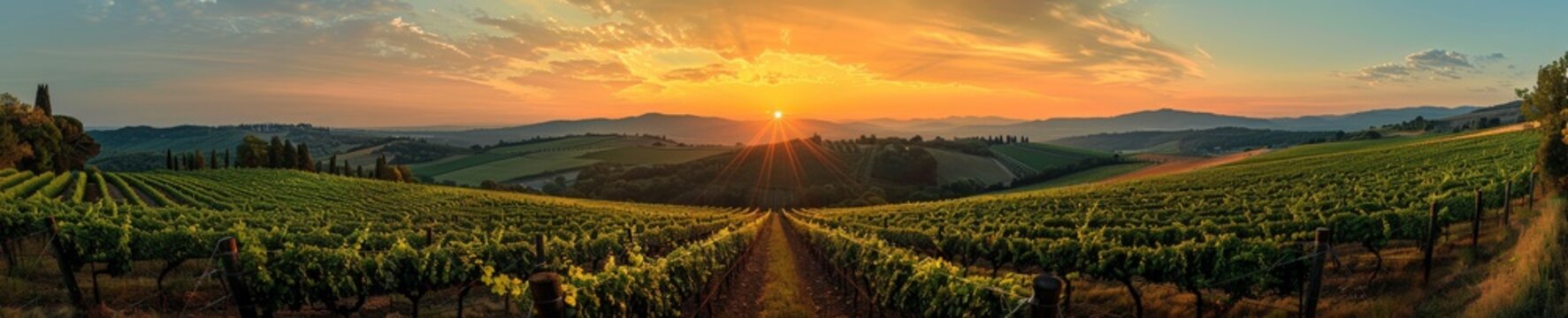 A vibrant sunset casting a warm glow over a lush vineyard, with rolling hills and grapevines stretching into the horizon