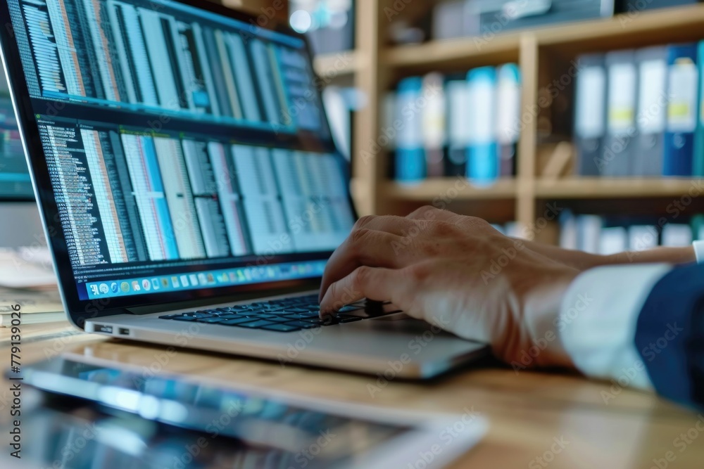 Poster A person using a laptop computer, suitable for technology concepts