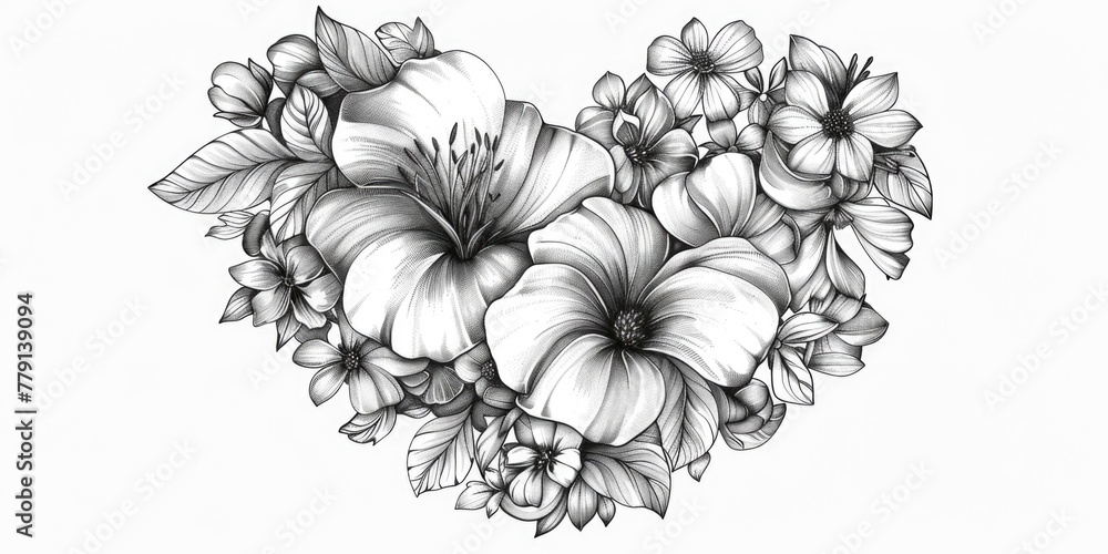 Poster black and white drawing of flowers in a heart shape. suitable for various design projects