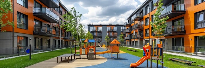 A colorful and vibrant play area for children in an apartment complex, with swings, slides, monkey bars, and a sandbox, all surrounded by lush greenery - obrazy, fototapety, plakaty