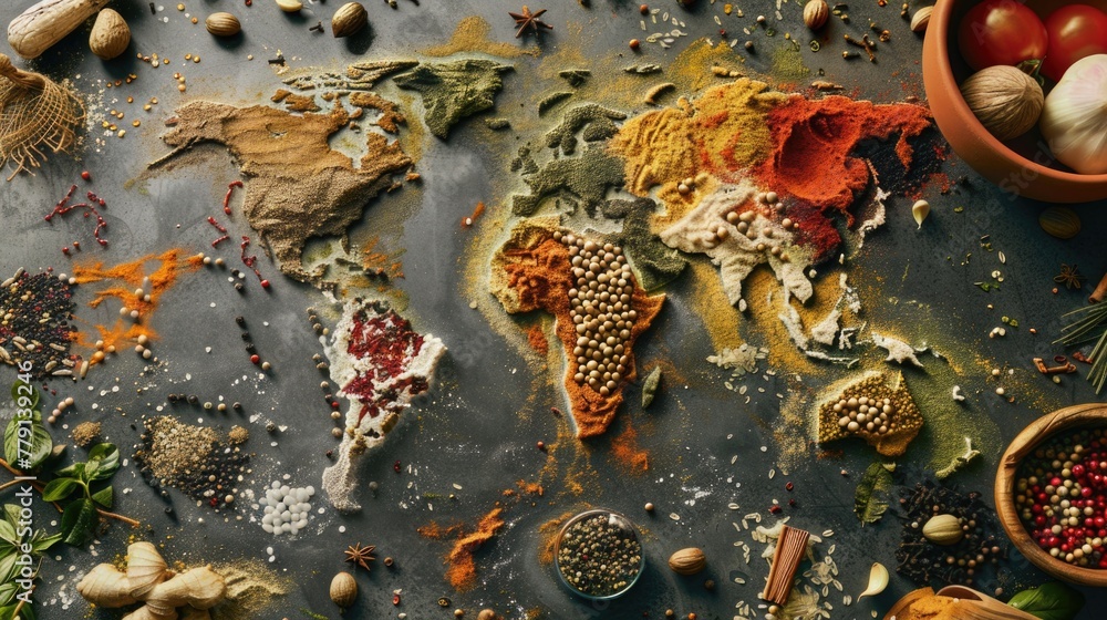 Aufkleber a map of the world surrounded by various spices and nuts. great for food or travel concepts