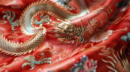 Obraz premium Close up of a dragon on a red cloth, suitable for fantasy themed designs