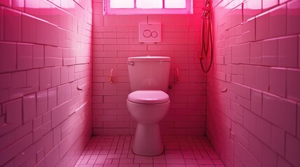 A pink bathroom with a toilet and a window. Suitable for home decor concepts