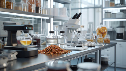A modern food chemistry testing laboratory with analytical instruments and testing equipment, momentarily still but ready to analyze the chemical composition of food samples