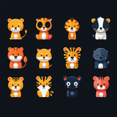 Cute, colorful cartoon animals on dark.
