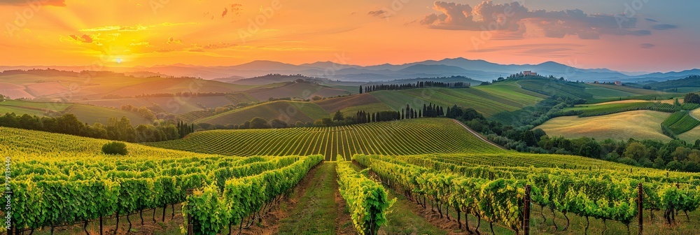 Poster the sun is casting a warm, golden light over a vineyard nestled in the hills, highlighting the rows 