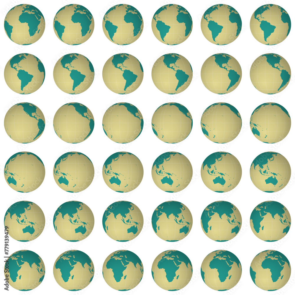 Poster collection of earth globes in a solid color style, featuring a world map with graticule lines on a w