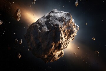 Planet Earth and huge asteroid in the space. Potentially hazardous asteroids. Asteroid in outer...