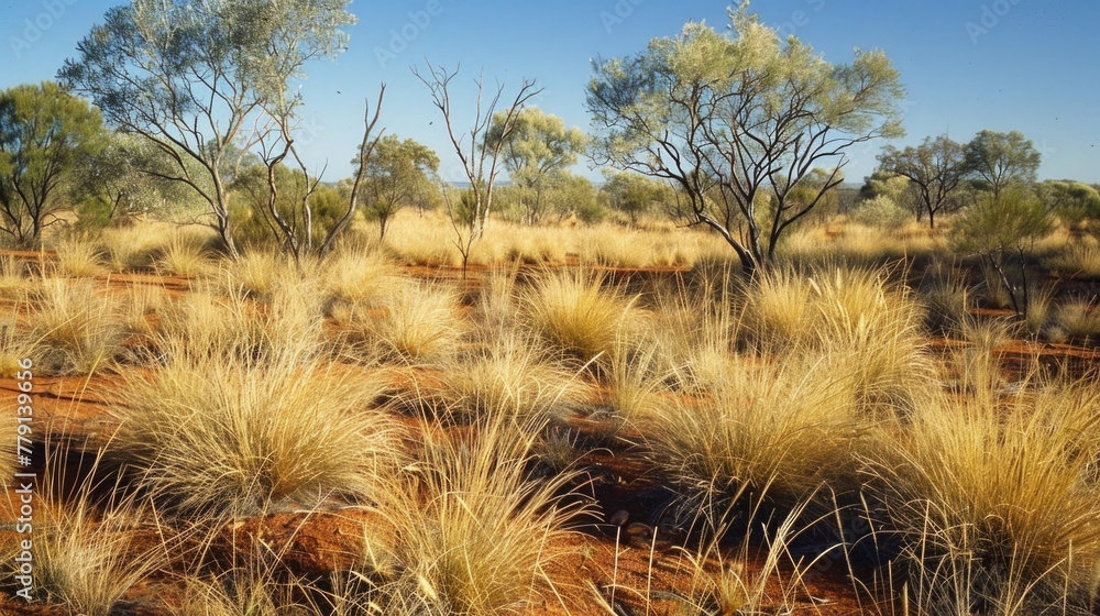 Poster A scenic view of a dry grass field with trees in the background. Suitable for nature and landscape concepts